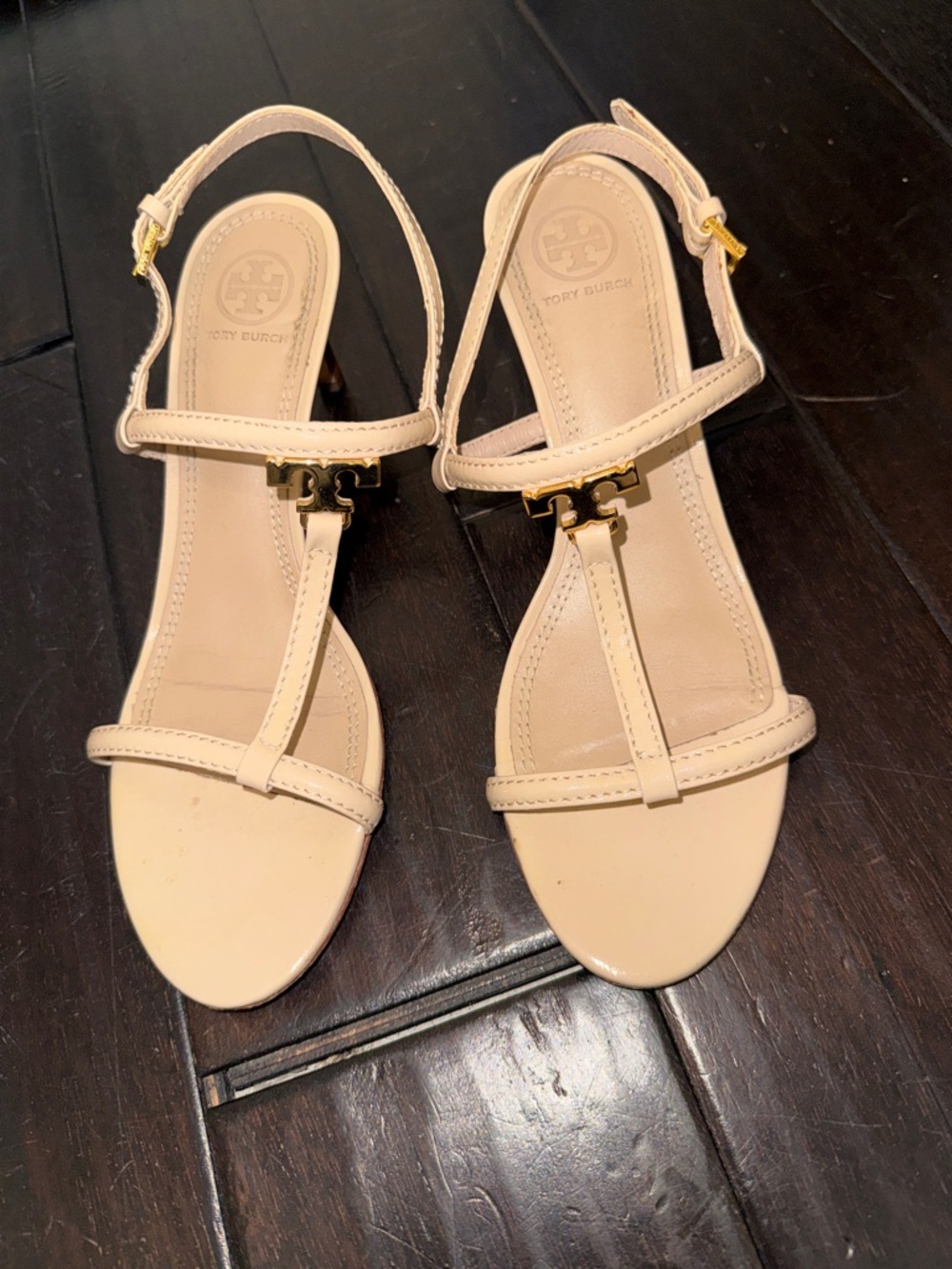 Tory Burch Beige Leather T-Strap Sandals with Gold Logo